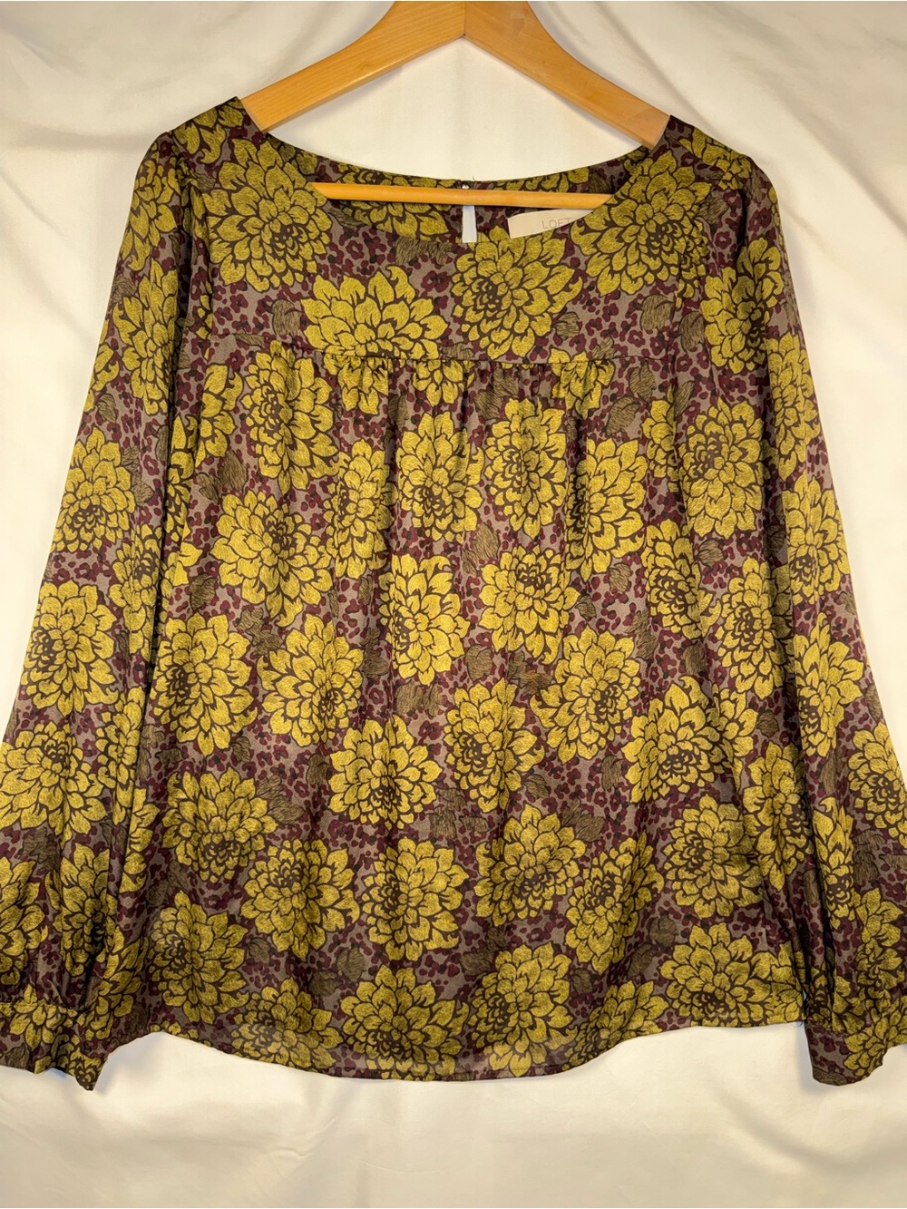 LOFT Yellow Floral Pleated Long-Sleeve Peasant Blouse Business Green Plum SZ M